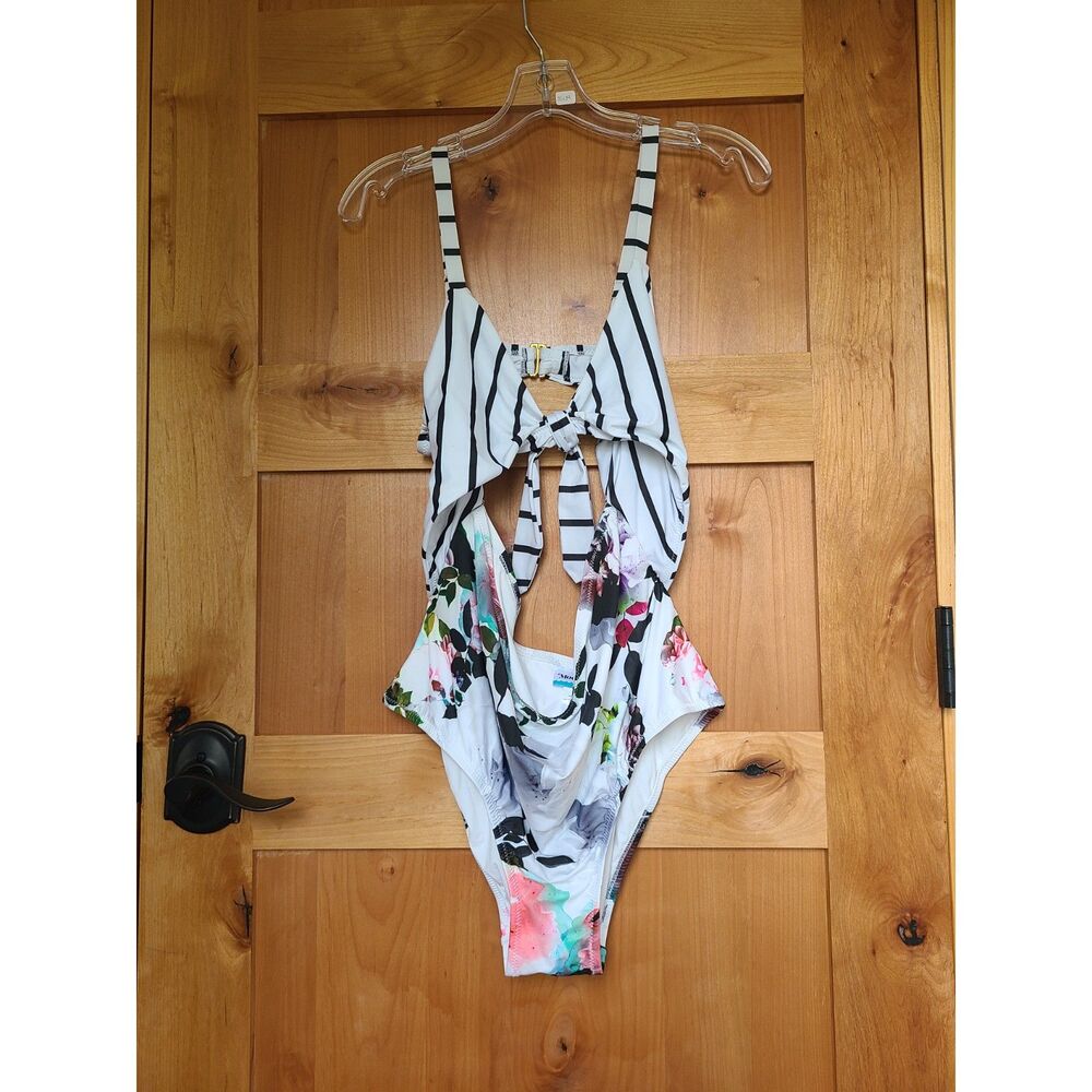 ModCloth 1X One Piece Swimsuit Bathing‎ Suit Floral Tie Front Striped Resort XL
